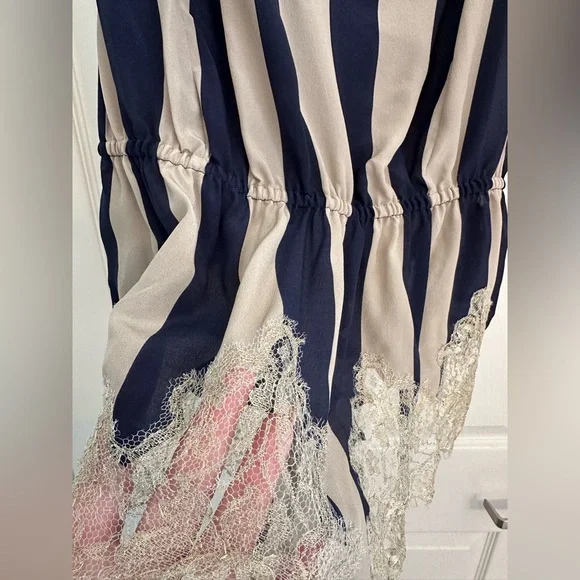 Rosamosario 100% Silk Bodysuit Playsuit Navy Cream Stripes Champagne Lace Silk - Picture 10 of 17